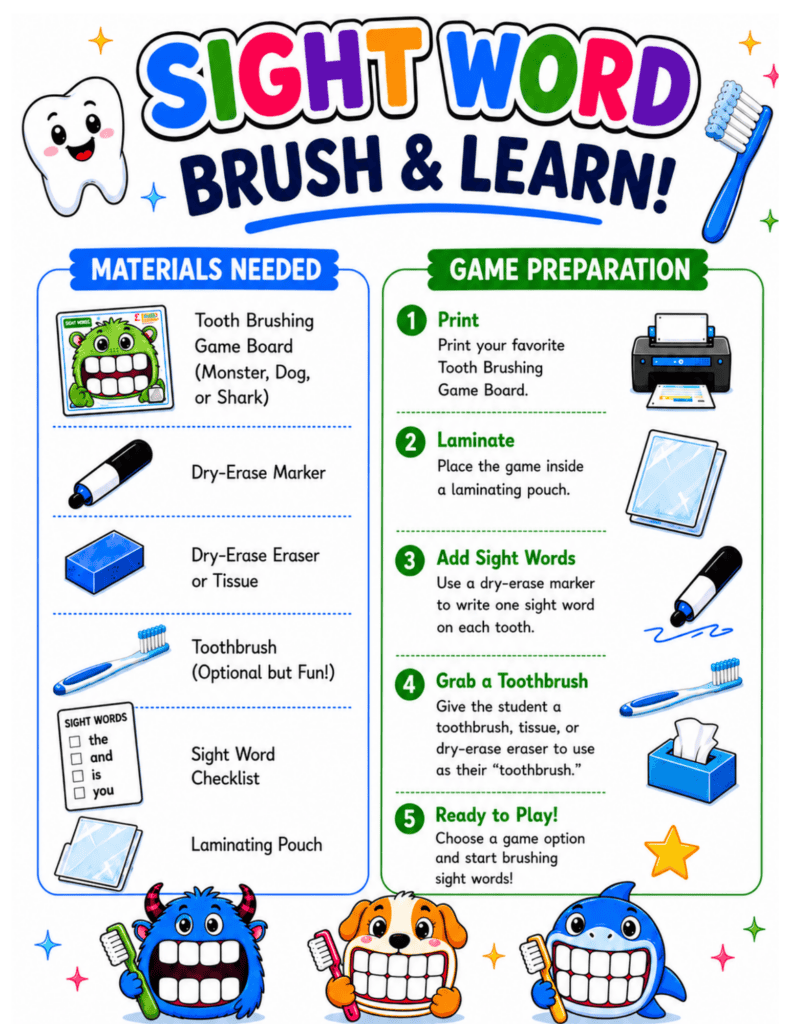 Brush the Teeth Sight Word Game (Free Printable Activity)