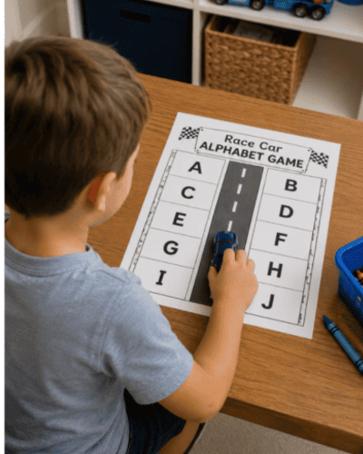 Alphabet parking lot game with toy cars for learning uppercase and lowercase letters.