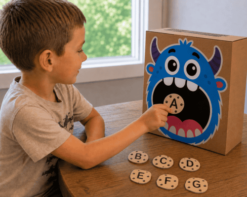 Printable Feed the Monster alphabet cookie game for preschool letter recognition.