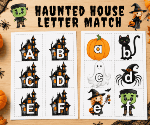 Printable Halloween haunted house alphabet letter matching activity for preschool.