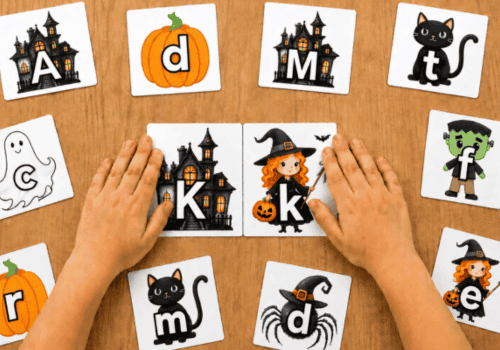 Halloween letter recognition game matching uppercase and lowercase alphabet letters.