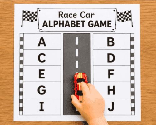 Printable race car alphabet game for preschool letter recognition.
