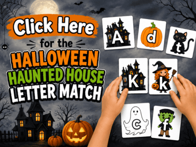 Hands-on Halloween alphabet matching activity with haunted houses, ghosts, and pumpkins.