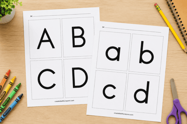 Printable alphabet flashcards with uppercase and lowercase letters for letter recognition.