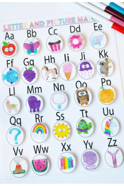 Printable beginning sounds activity for matching pictures to alphabet letters.