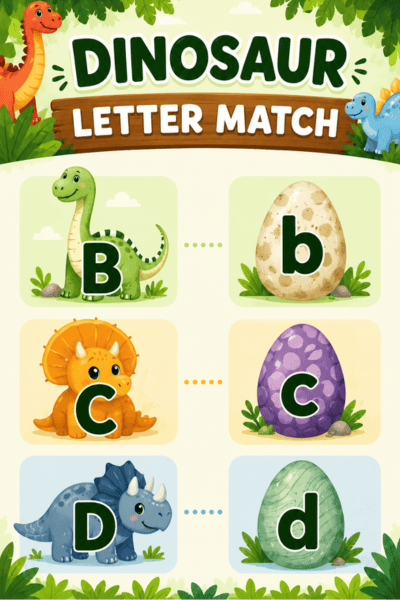 Printable dinosaur alphabet letter matching activity with uppercase and lowercase letters.