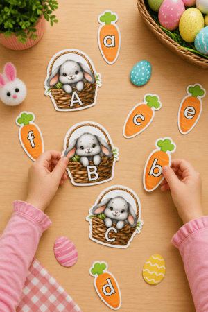 Easter alphabet matching game with bunny baskets and letter eggs for preschool.