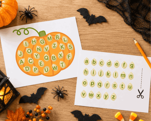Pumpkin alphabet matching game for preschool letter recognition practice.