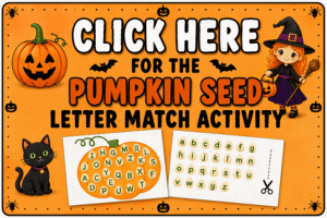 Hands-on fall alphabet activity matching pumpkin seeds to uppercase letters.