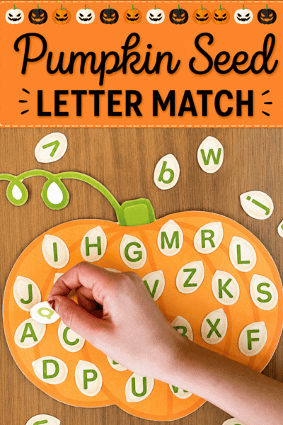 Printable pumpkin seed letter matching activity with uppercase and lowercase letters.