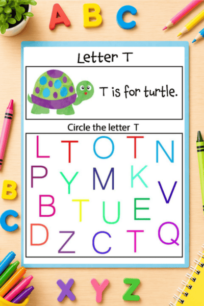 Printable letter recognition worksheets for preschool and kindergarten literacy activities.