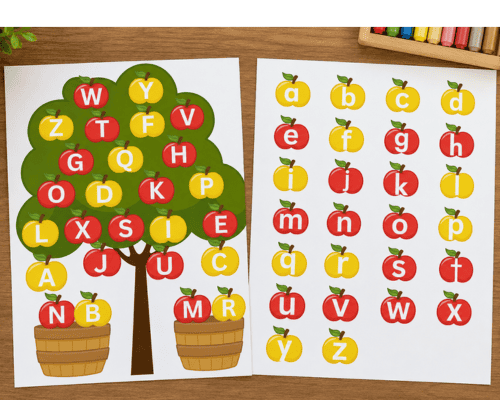 Apple tree alphabet letter matching activity with uppercase and lowercase letters
