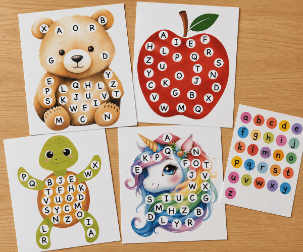Printable alphabet dot sticker worksheets for preschool letter recognition.
